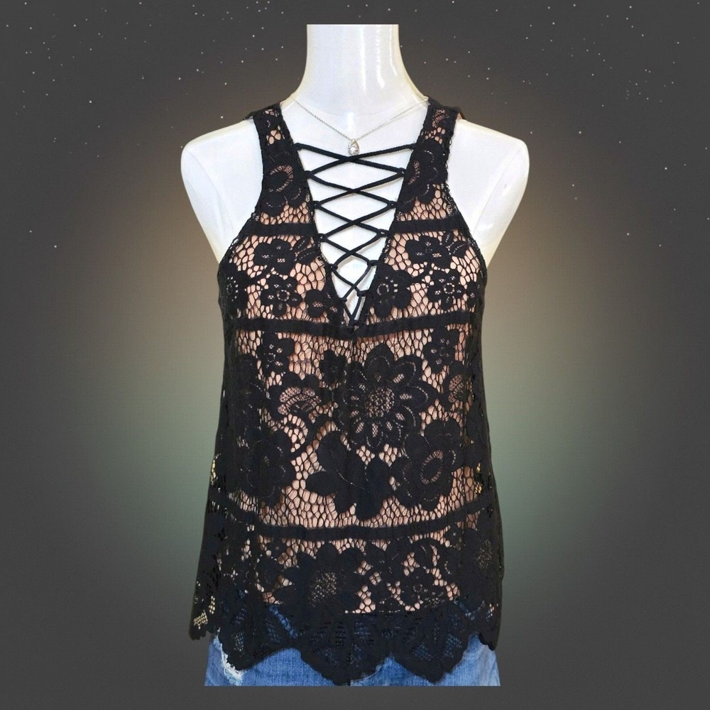 Express Lace Up Tank Top Floral Crochet Lined Scalloped Boho Goth Black S